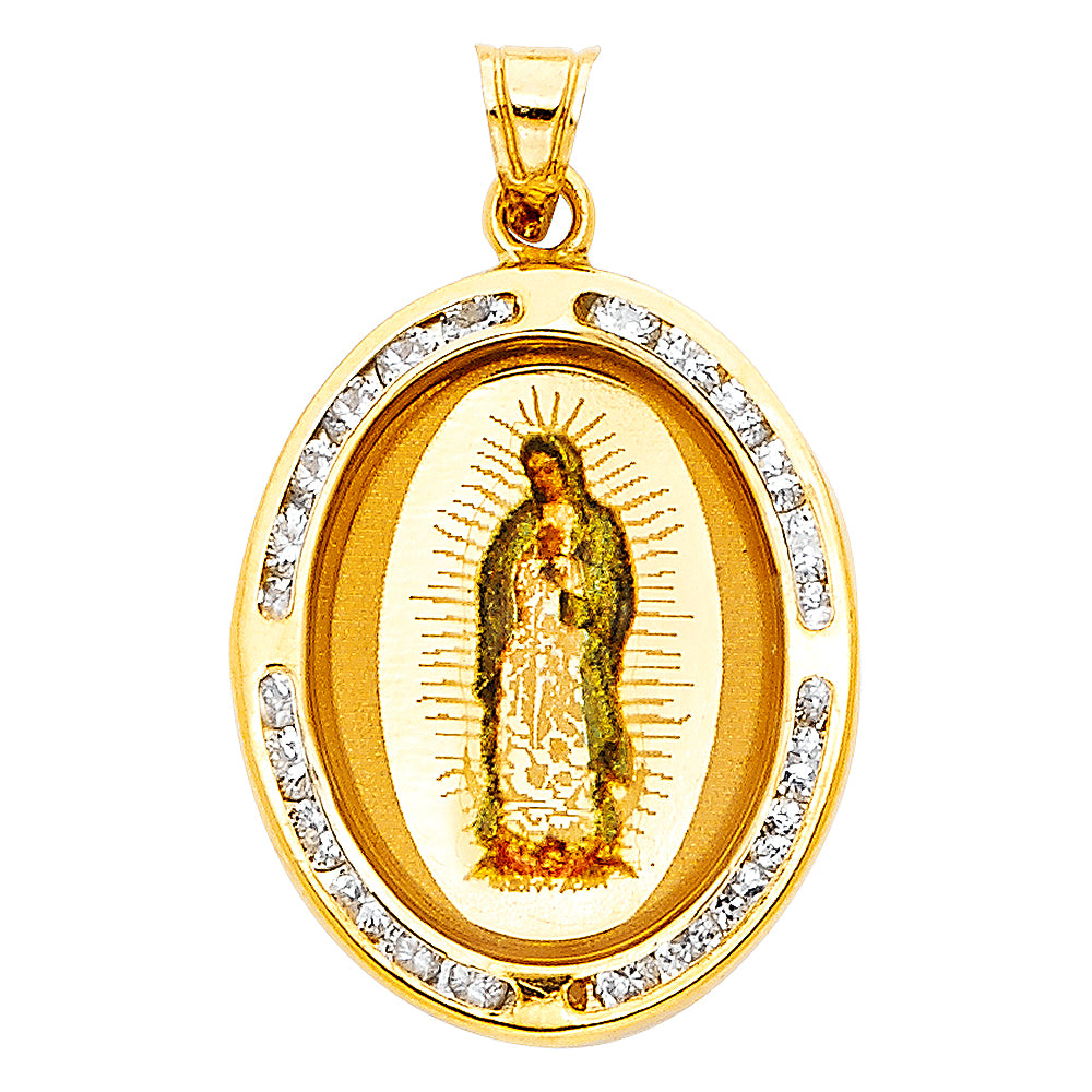 14k Yellow Gold Our Lady of Guadalupe Pendant Clear CZ Oval Virgin Mary Charm