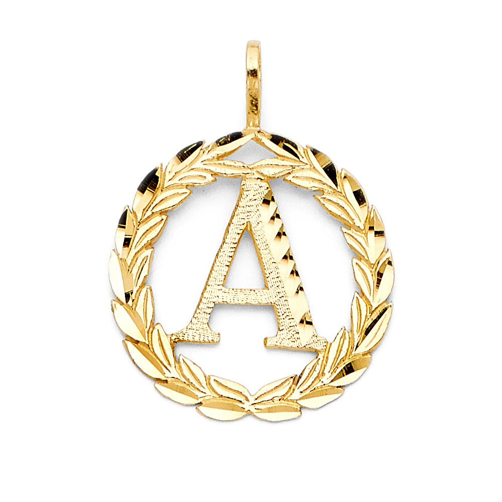 14k Yellow Gold Initial A Pendant Leaf Wreath Laurel Nature Monogram Charm