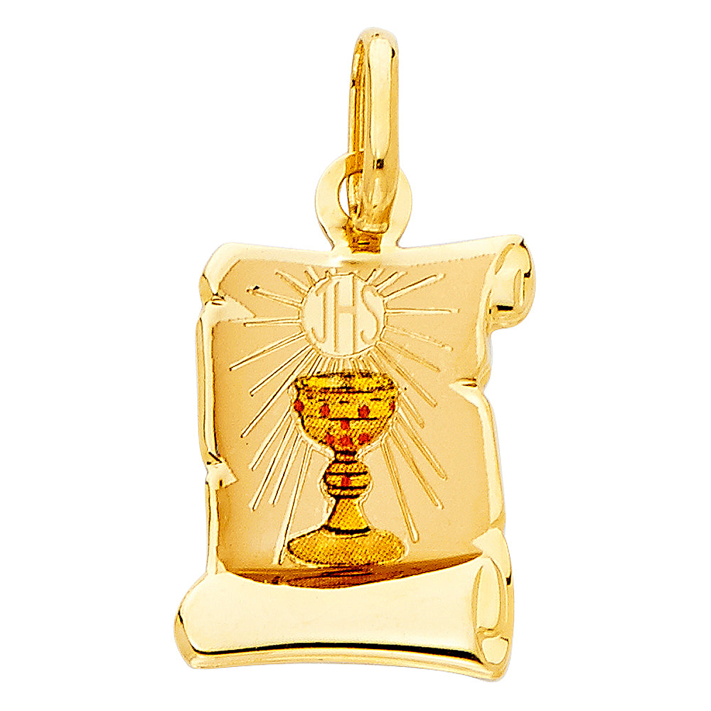 14k Yellow Gold JHS Communion Scroll Pendant Chalise Goblet Christ Prayer Charm