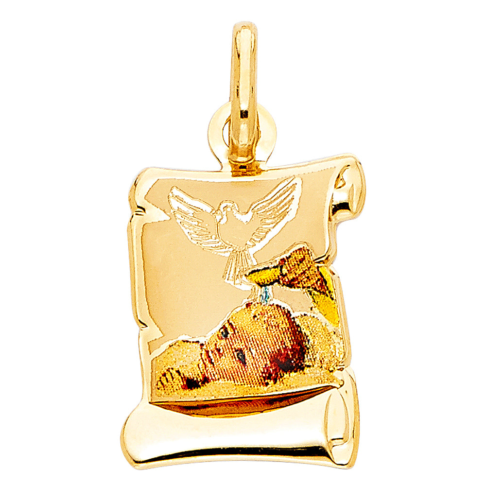 14k Yellow Gold Holy Baptism Pendant Dove Baby Jesus Christ Faith Love Charm