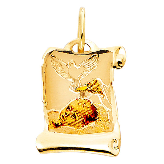 14k Yellow Gold Holy Baptism Scroll Pendant Dove Holy Water Sacrament Charm