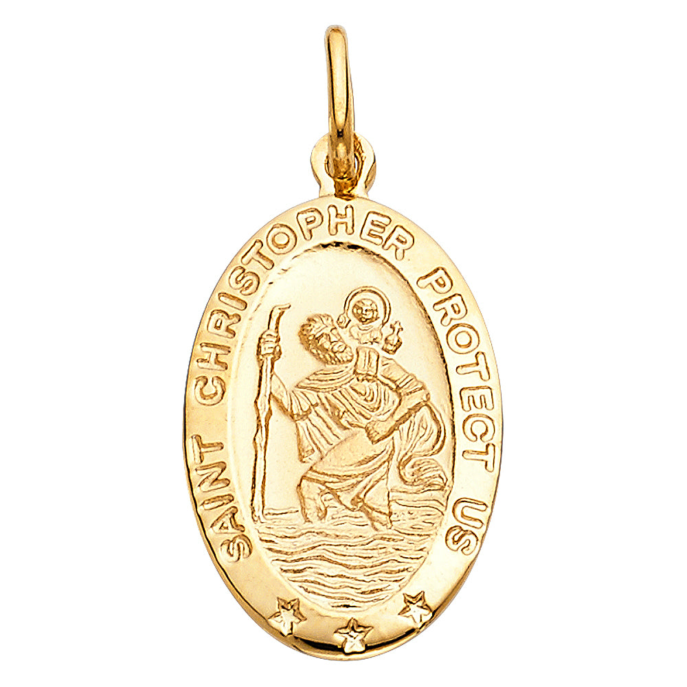 14k Yellow Gold St. Christopher's Medallion Pendant Oval High Polish Star Charm