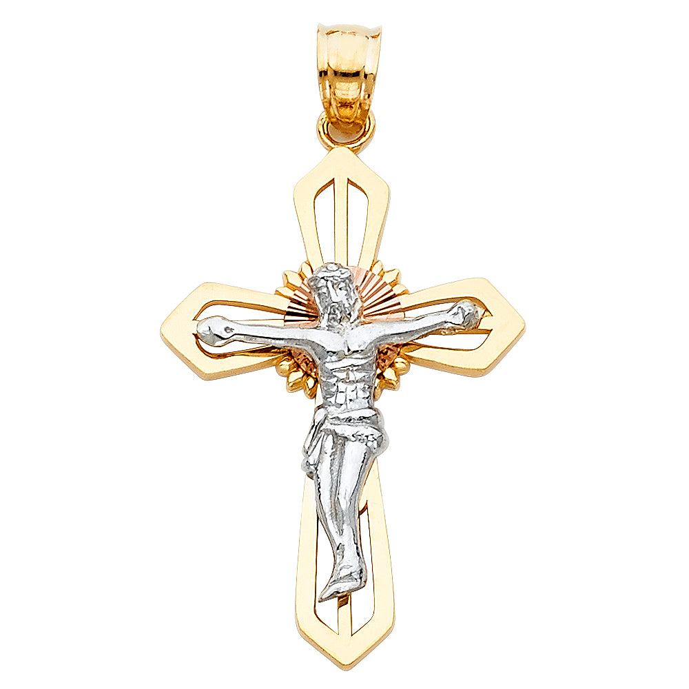 14k Yellow & Rose & White Gold Crucifix Cross Pendant Gospel High Polish Charm