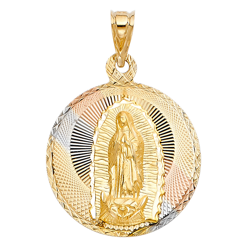 14k Tri-Color Gold Virgin Mary Pendant Saint Precission-Cut Protection Charm