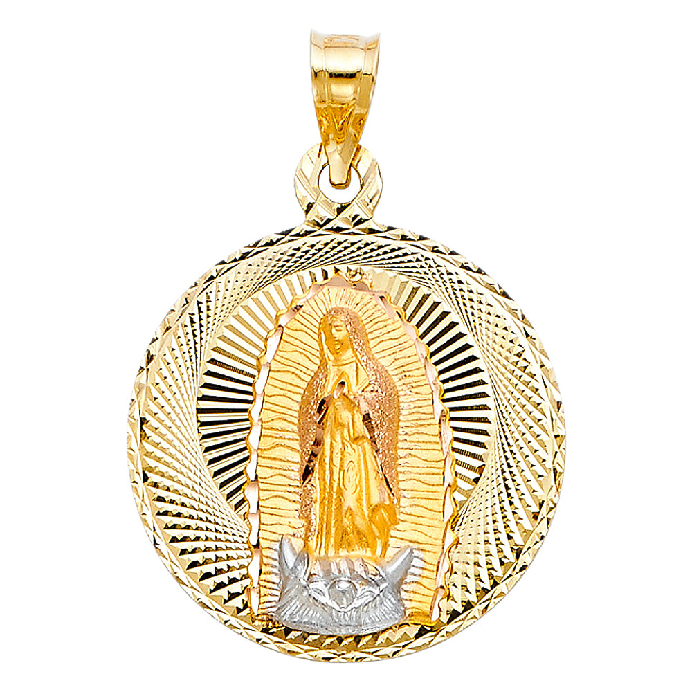 14k Tri-Color Gold Holy Mary Medallion Pendant Precision Cut Mother Charm