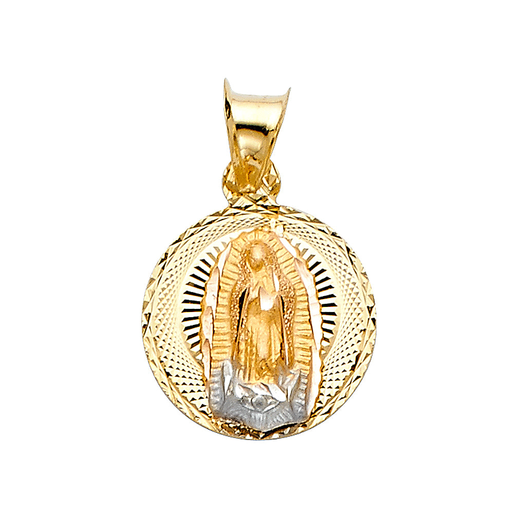 14k Tri-Color Gold Virgin Mary Medallion Pendant Diamond-Cut Communion Charm