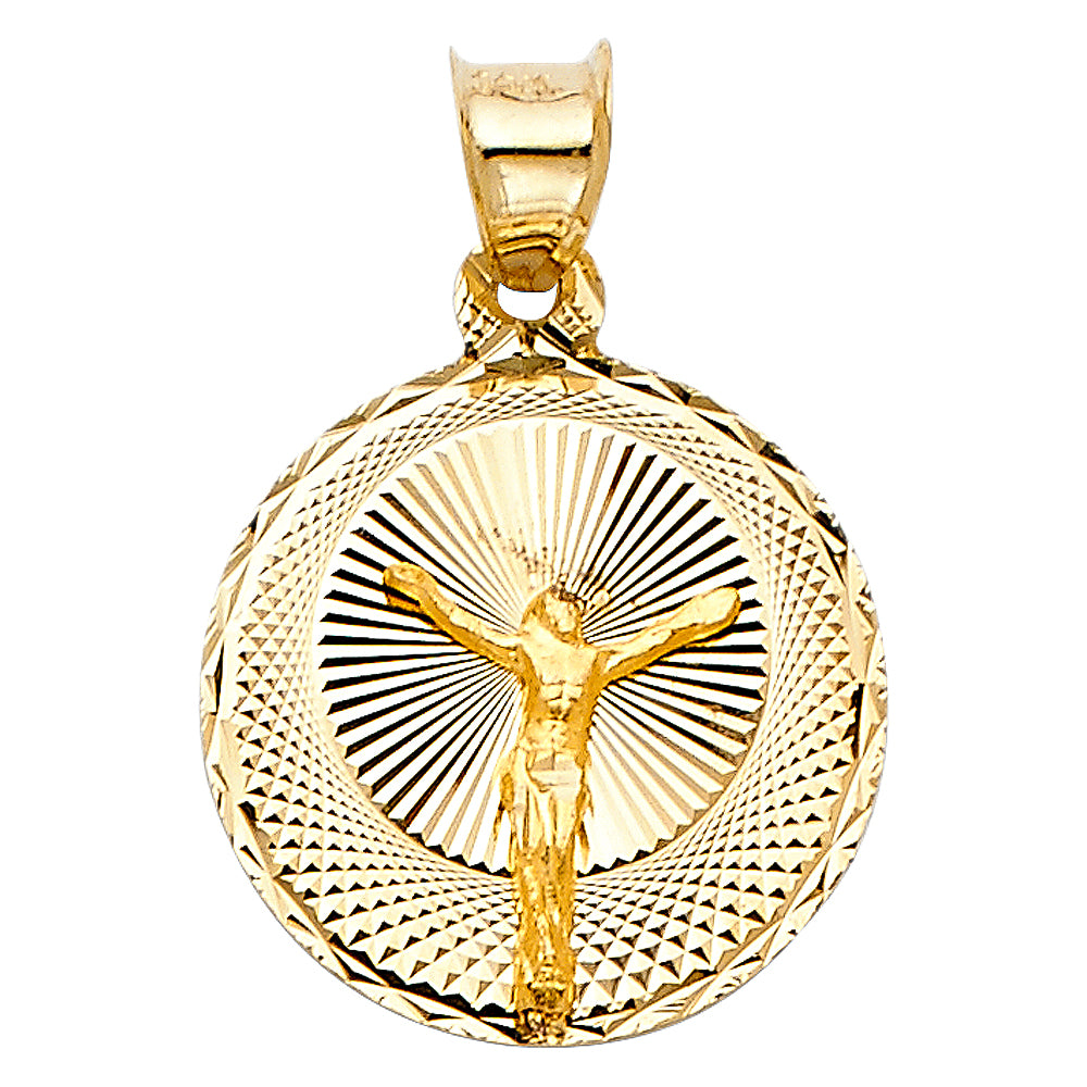 14k Yellow Gold Crucifix Medallion Pendant Diamond-Cut Christian Catholic Charm