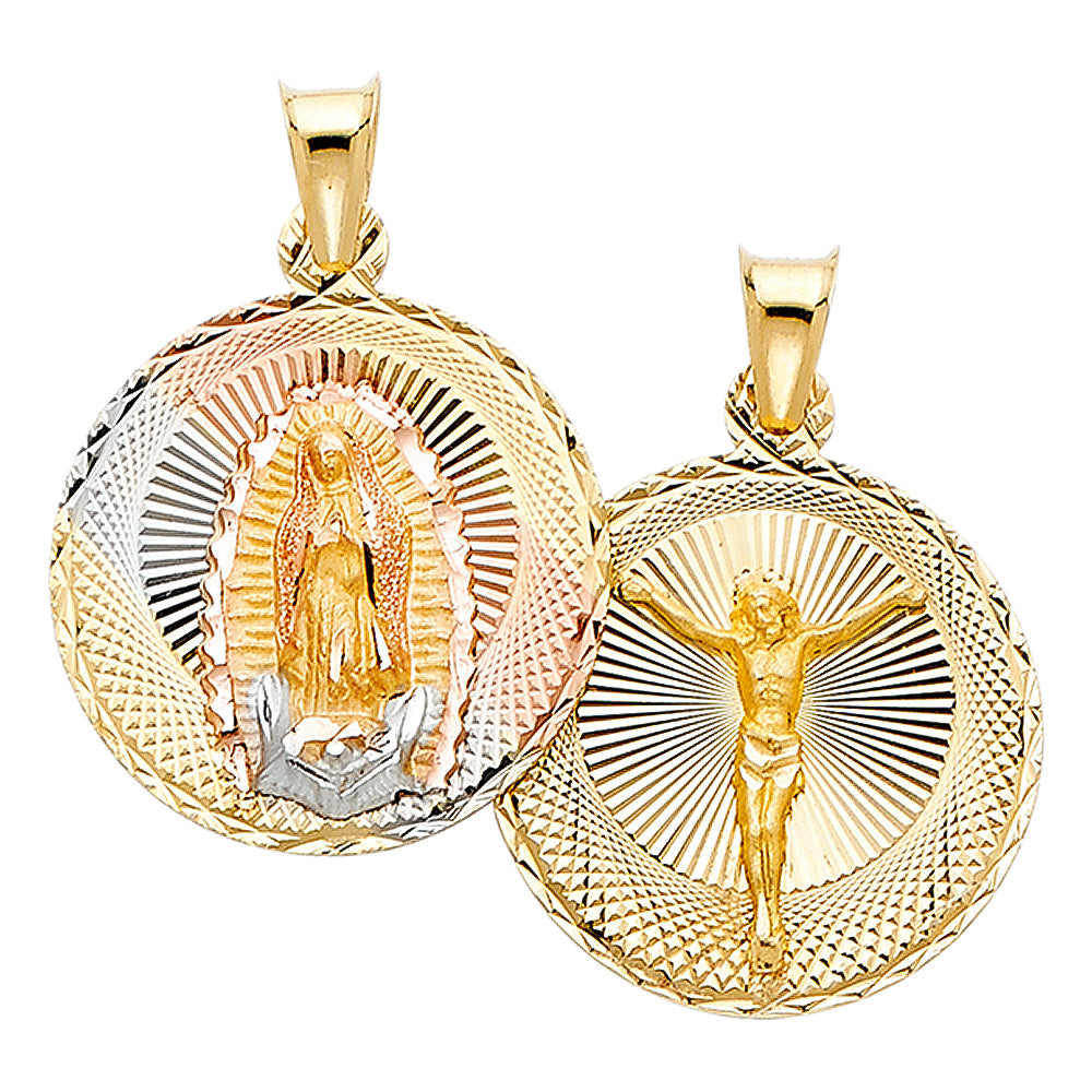 14k Tri-Color Gold Crucifix Pendant Double Sided Jesus Christ Virgin Mary Charm