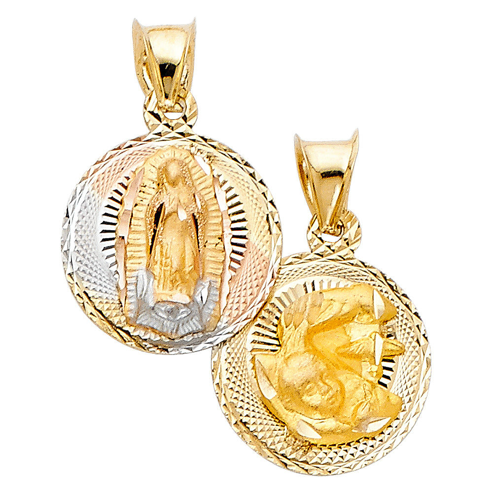 14k Tri-Color Gold Virgin Mary Pendant Medallion Baptism Double Sided Charm