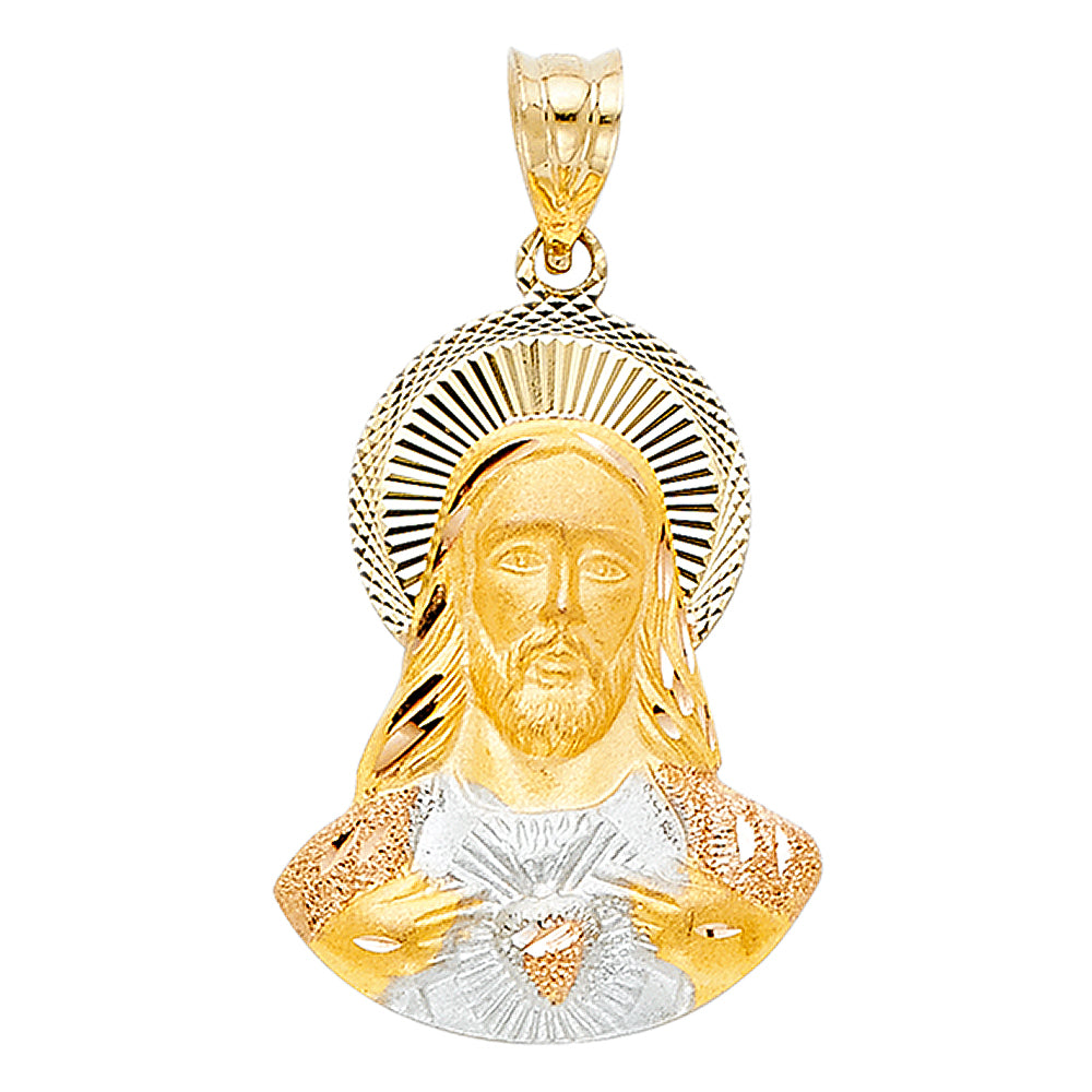 14k Tri-Color Gold Jesus Christ Pendant God Diamond-Cut Christian Faith Charm
