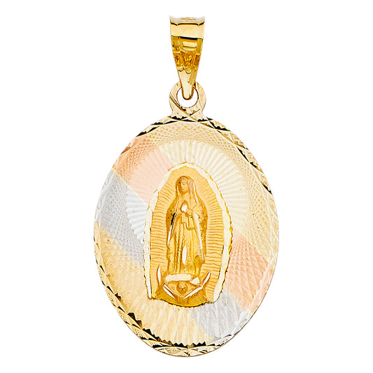 14k Tri-Color Gold Virgin Mary Pendant Diamond-Cut Medallion Chrisitan Charm