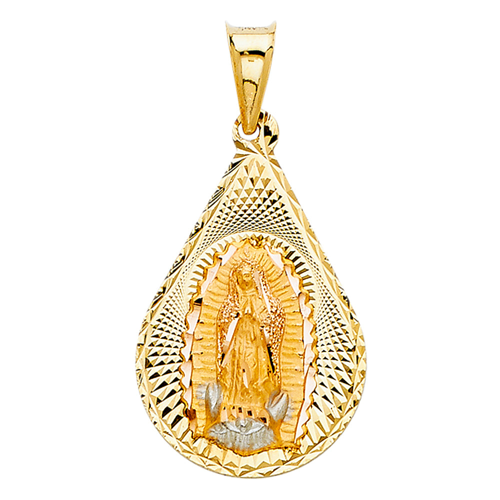 14k Tri-Color Gold Our Lady of Guadalupe Medal Pendant Teardrop Mother Charm