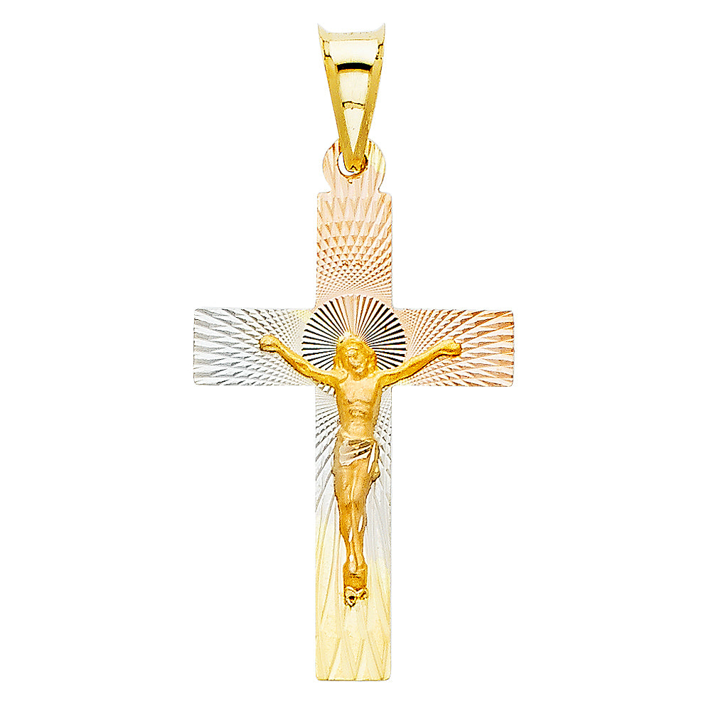 14k Tri-Color Gold Christ Crucifixion Medallion Jesus Catholic Crucifix Pendant