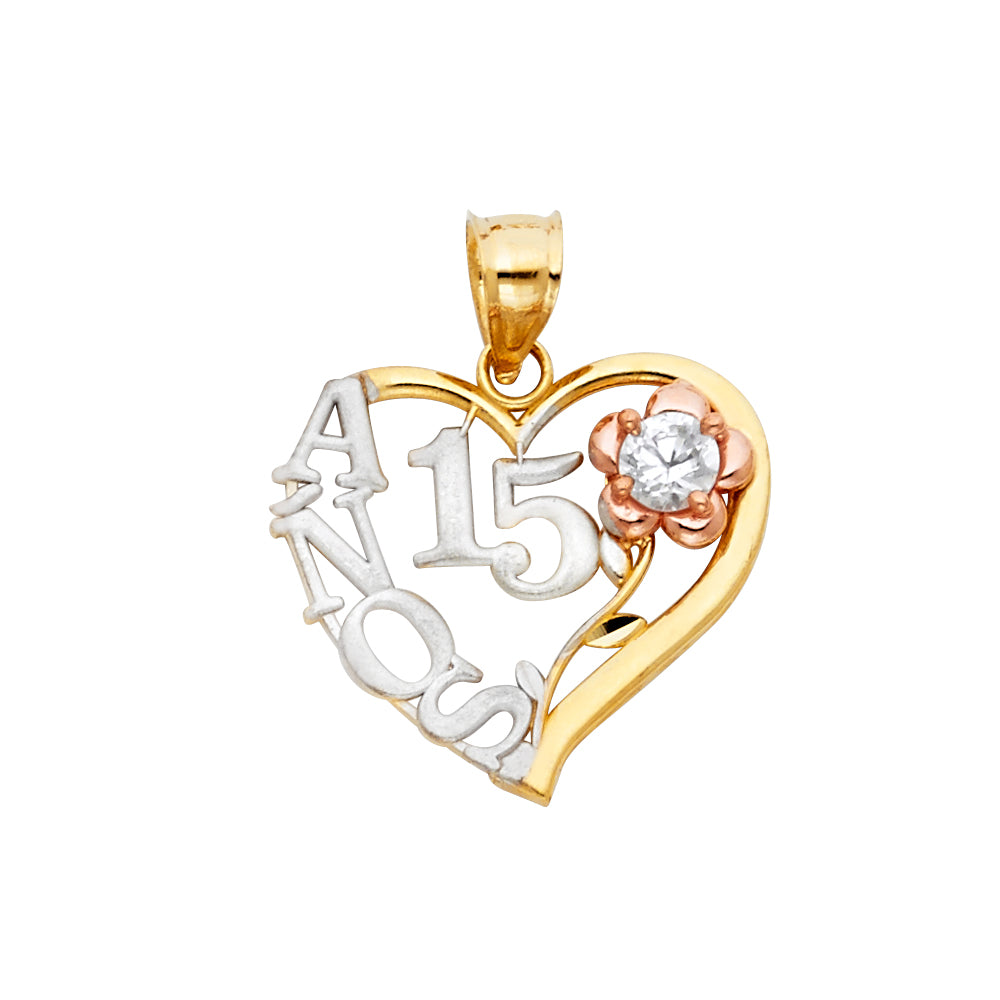 14k Tri-Color Gold Long Stem Rose Quinceanera Heart Pendant Charm