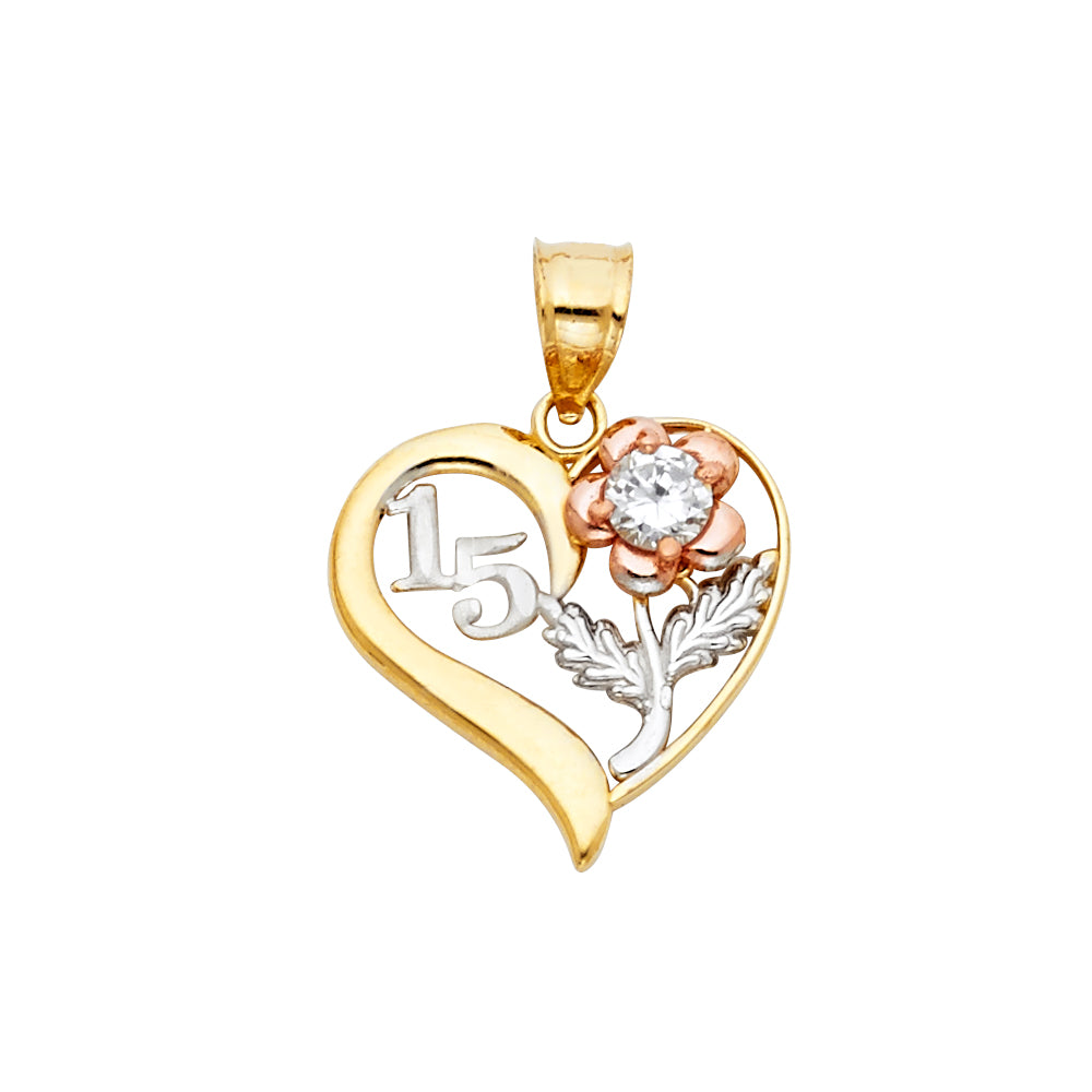 14k Tri-Color Gold Lovely Heart with Rose 15 Years Anniversary Gift Pendant
