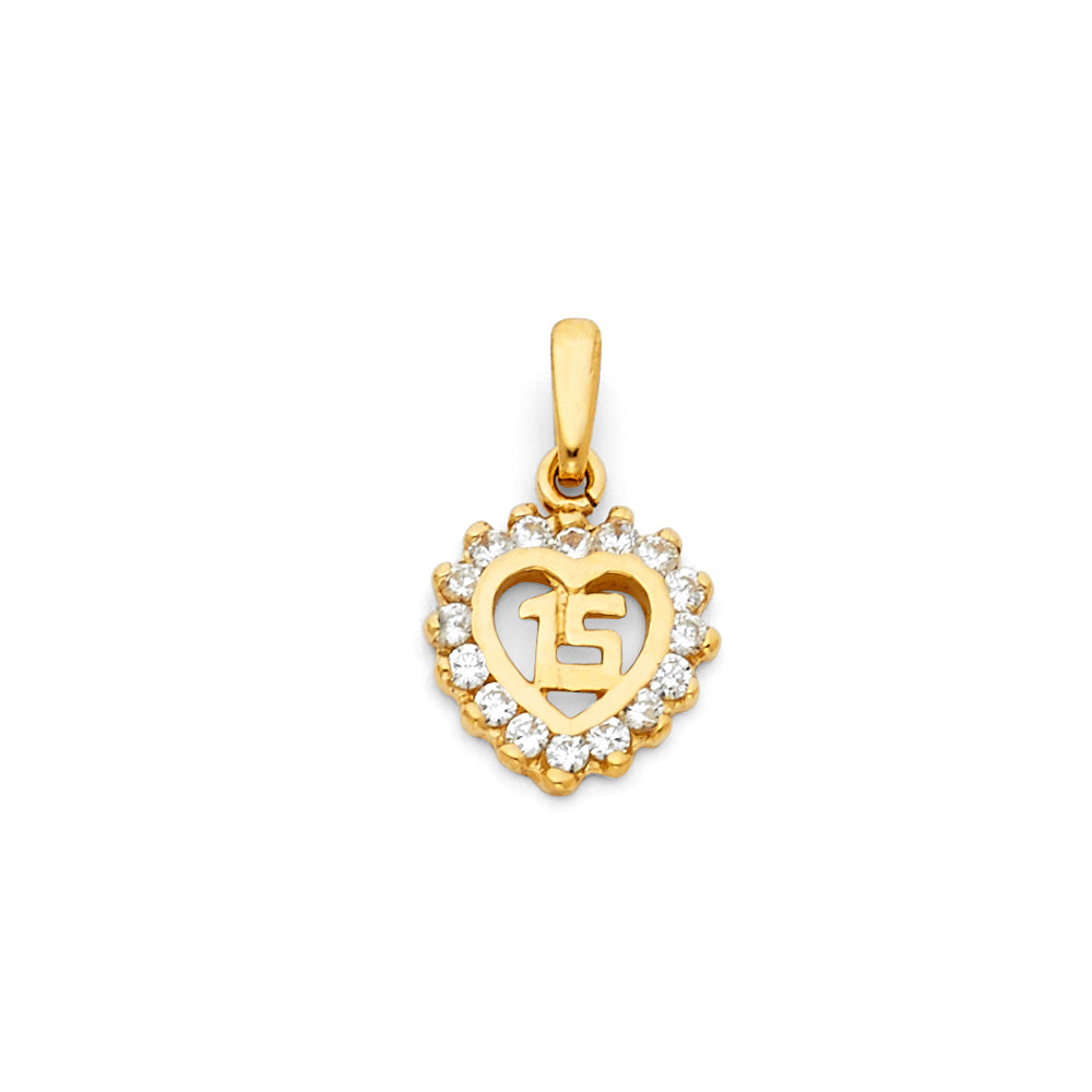14k Yellow Gold Clear CZ Charming Heart 15 Years Anniversary Charm Pendant
