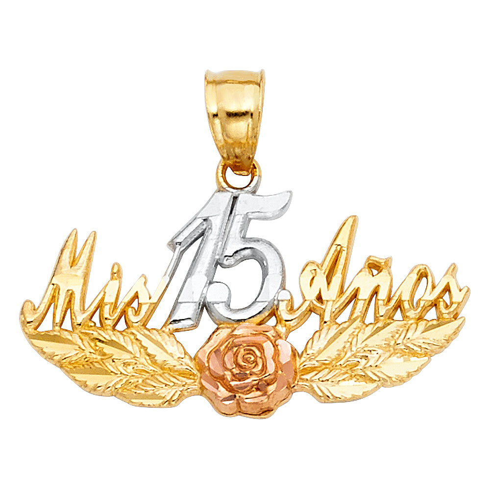 14k Tri-Color Gold Beautiful Rose Flower Mis 15 Anos Birthday Present Pendant