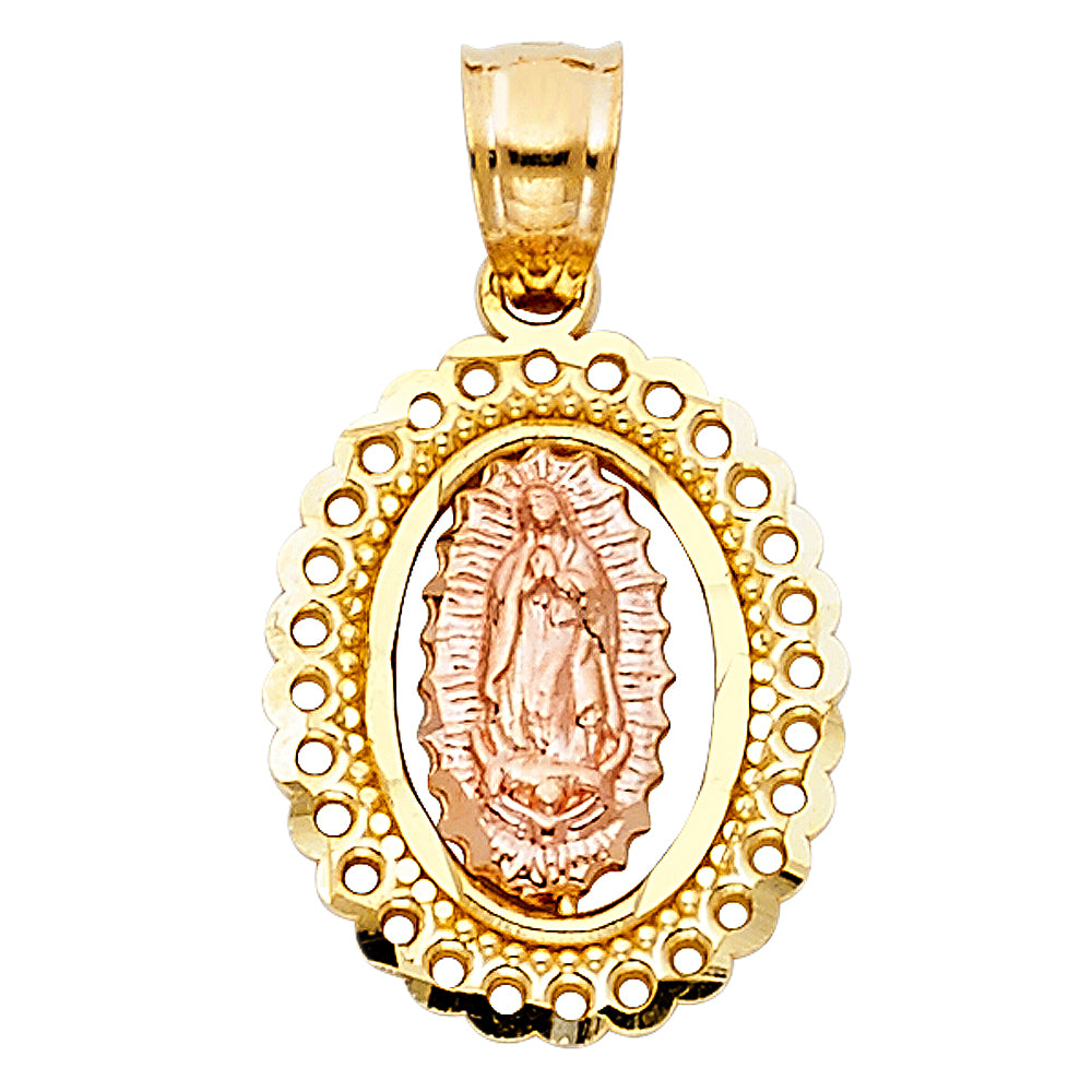 14k Two-Color Gold Classical Design Mother Mary Medallion Pendant Jesus Charm