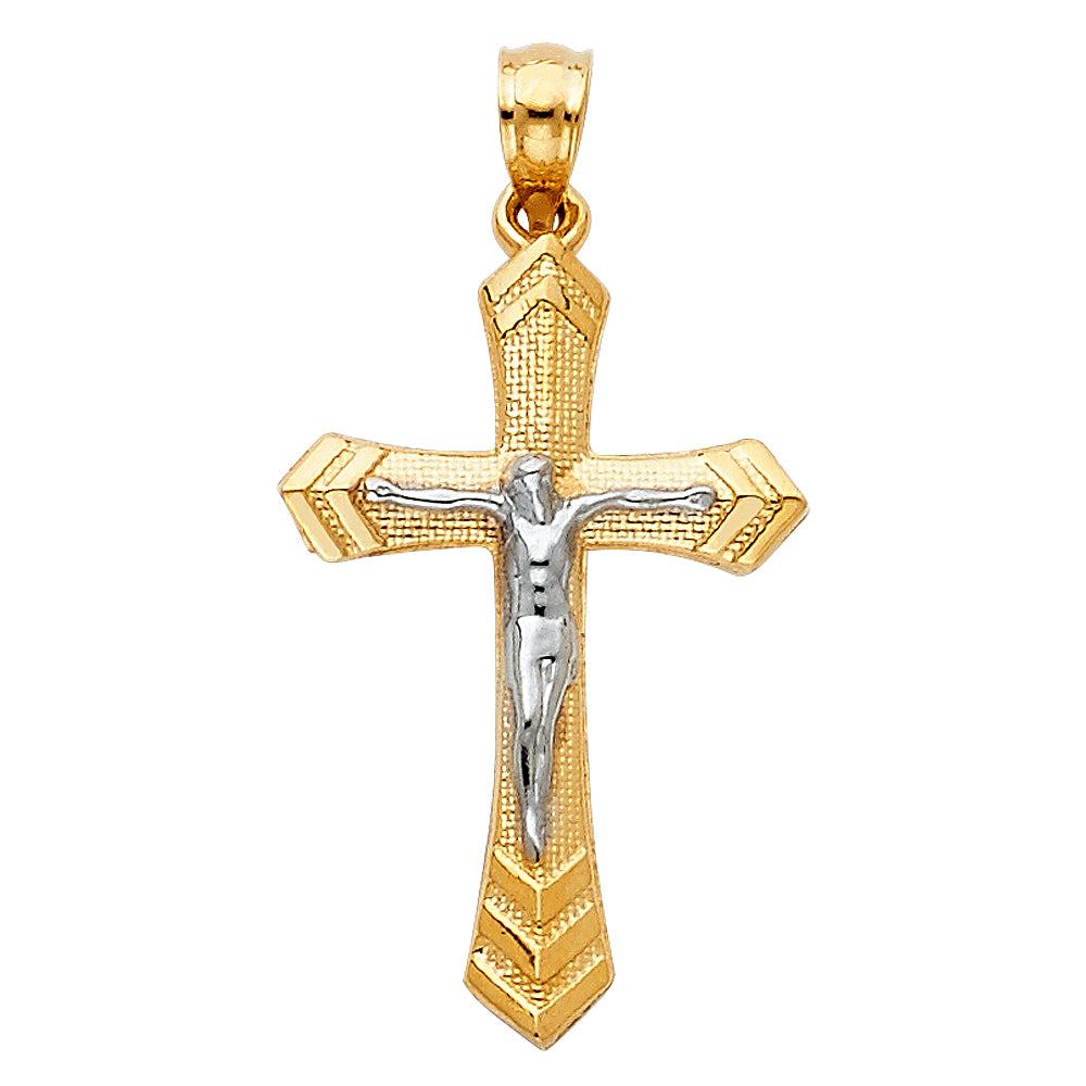 14k Yellow & White Gold Chevron Crucifix Pendant Cross Jesus Christ Charm