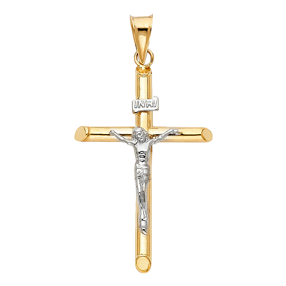 14k Yellow & White Gold High Polish Cross Pendant Holy Crucifix Jesus Charm