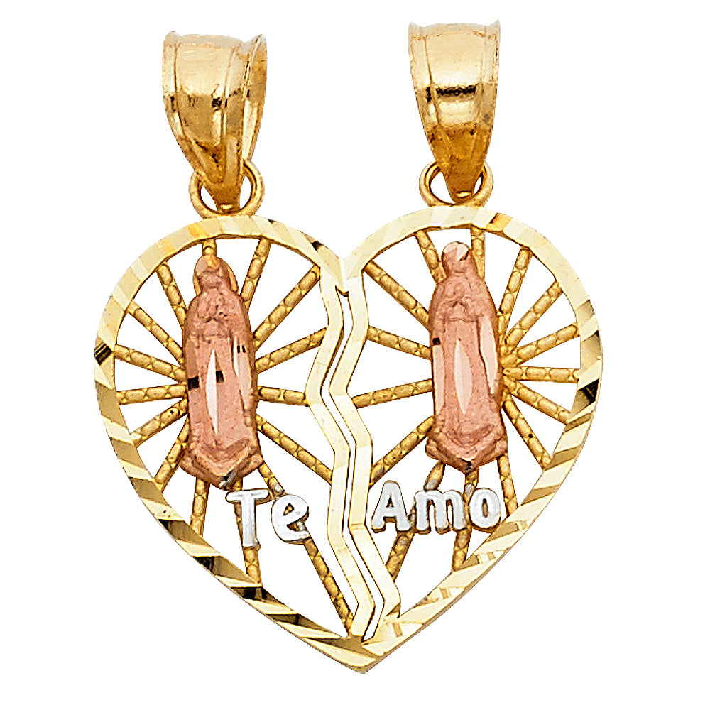 14k Two-Color Gold Virgin Mary Split Heart Gift Pendant Te Amo I Love You Charm