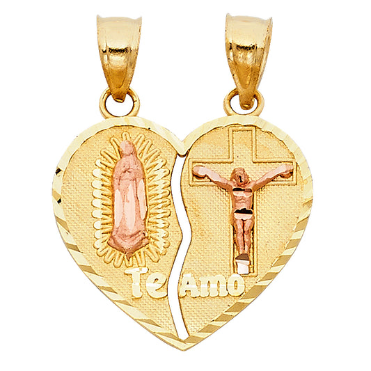 14k Two-Color Gold Heart Pendant Split Commitment Virgin Mary Jesus Christ Charm