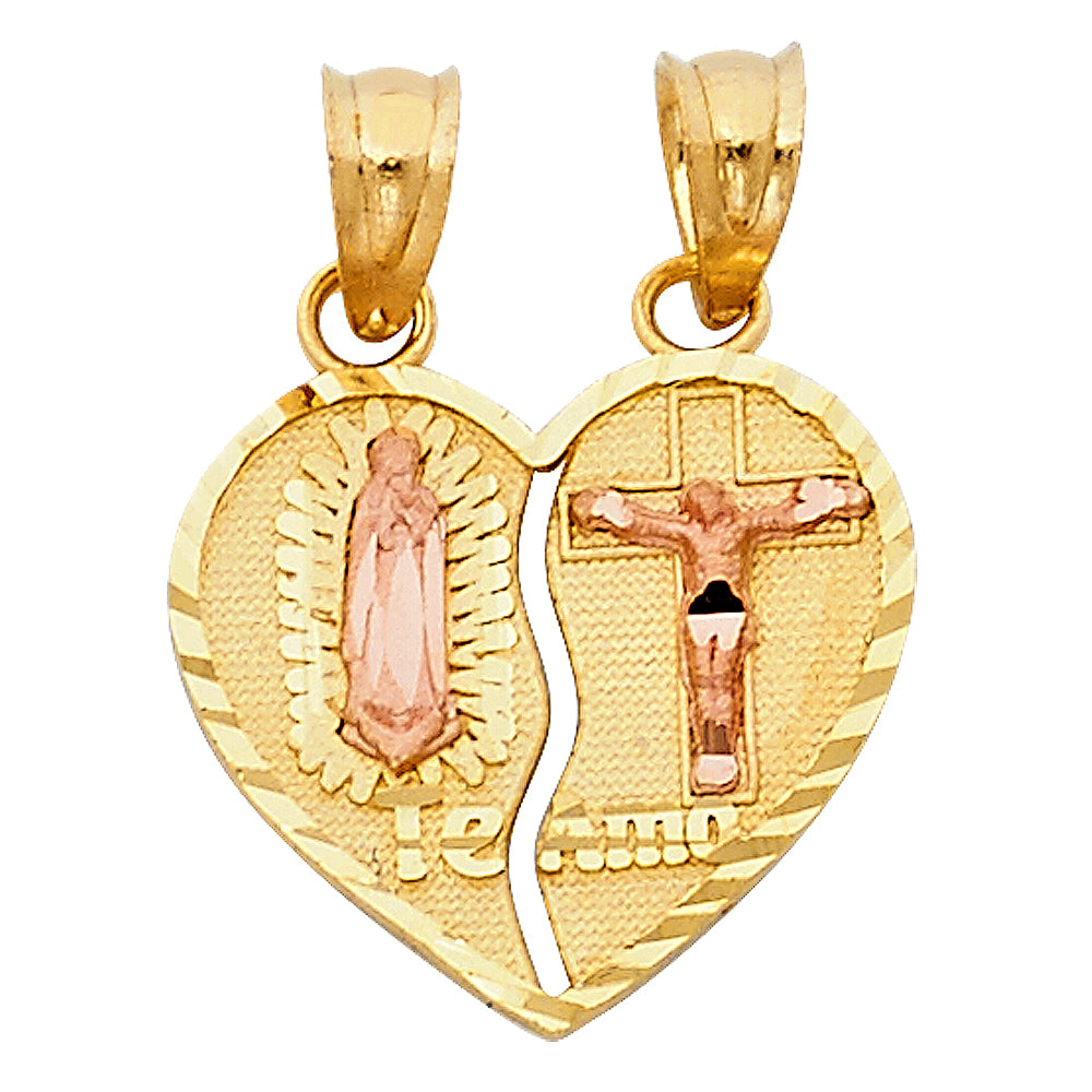 14k Two-Color Gold Breakable Heart Pendant Virgin Mary Jesus Christ Faith Charm