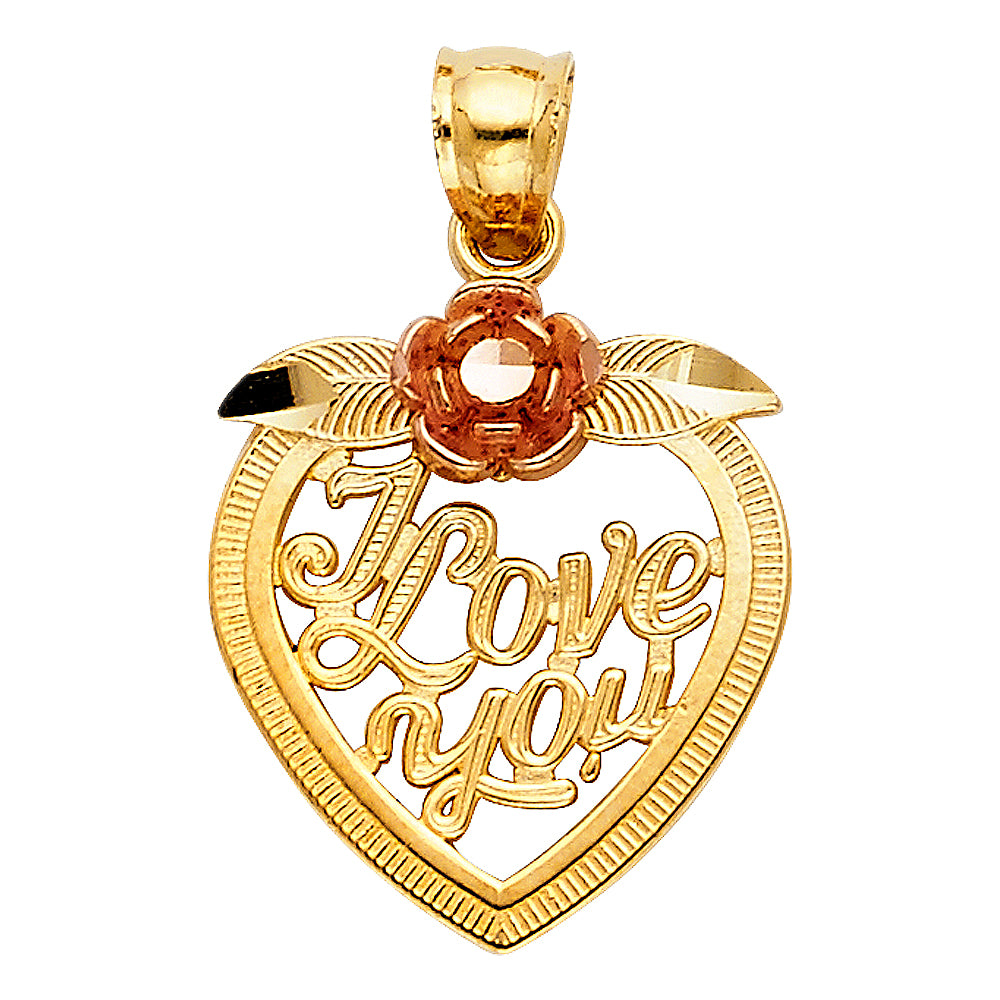 14k Two-Color Gold Adorable I Love You Heart with Rose Pendant Lovers Charm