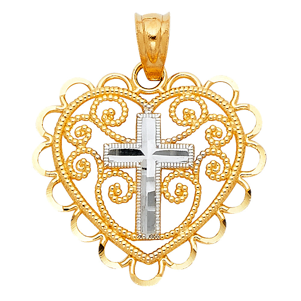 14k Two-Color Gold Open Filigree Heart Holy Cross Elegant Modern Design Pendant