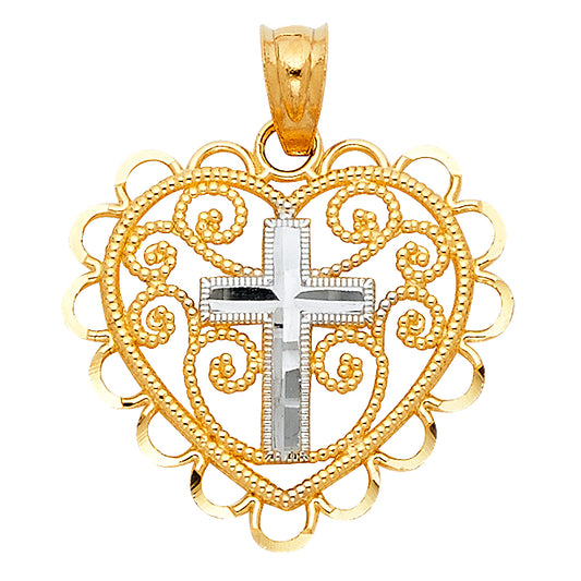 14k Two-Color Gold Open Filigree Heart Holy Cross Elegant Modern Design Pendant