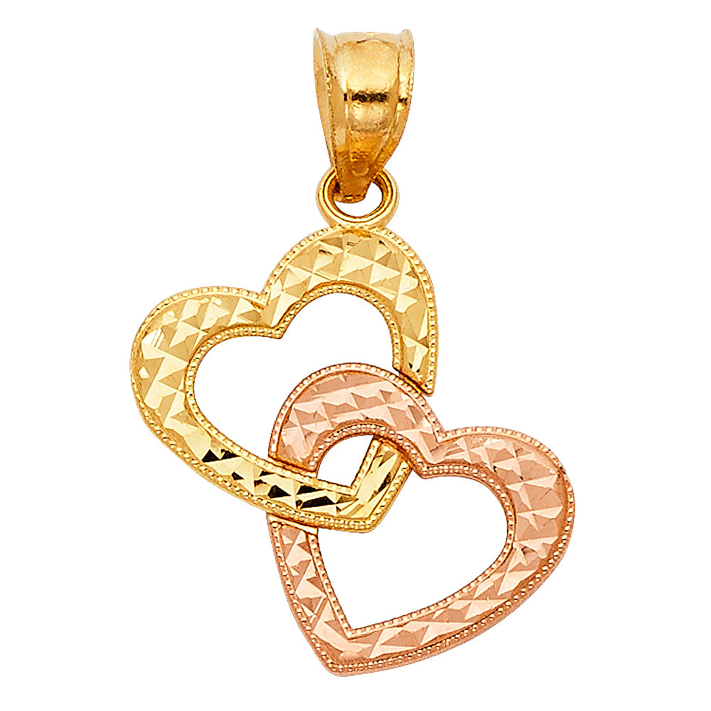 14k Two-Color Gold Double Heart Pendant Interlocking Hearts Lovers Charm