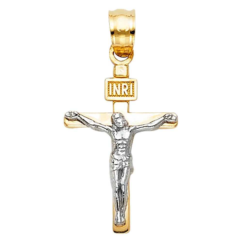14k Yellow & White Gold INRI Crucifix Pendant Jesus Christian Catholic Charm