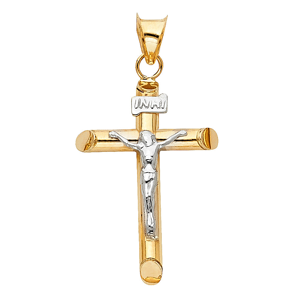 14k Yellow & White Gold Wide Crucifix Pendant High Polish INRI Jesus Christ Charm