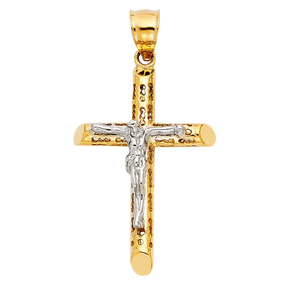 14k Yellow & White Gold Crucifix Cross Pendant Christian Catholic Jesus Charm