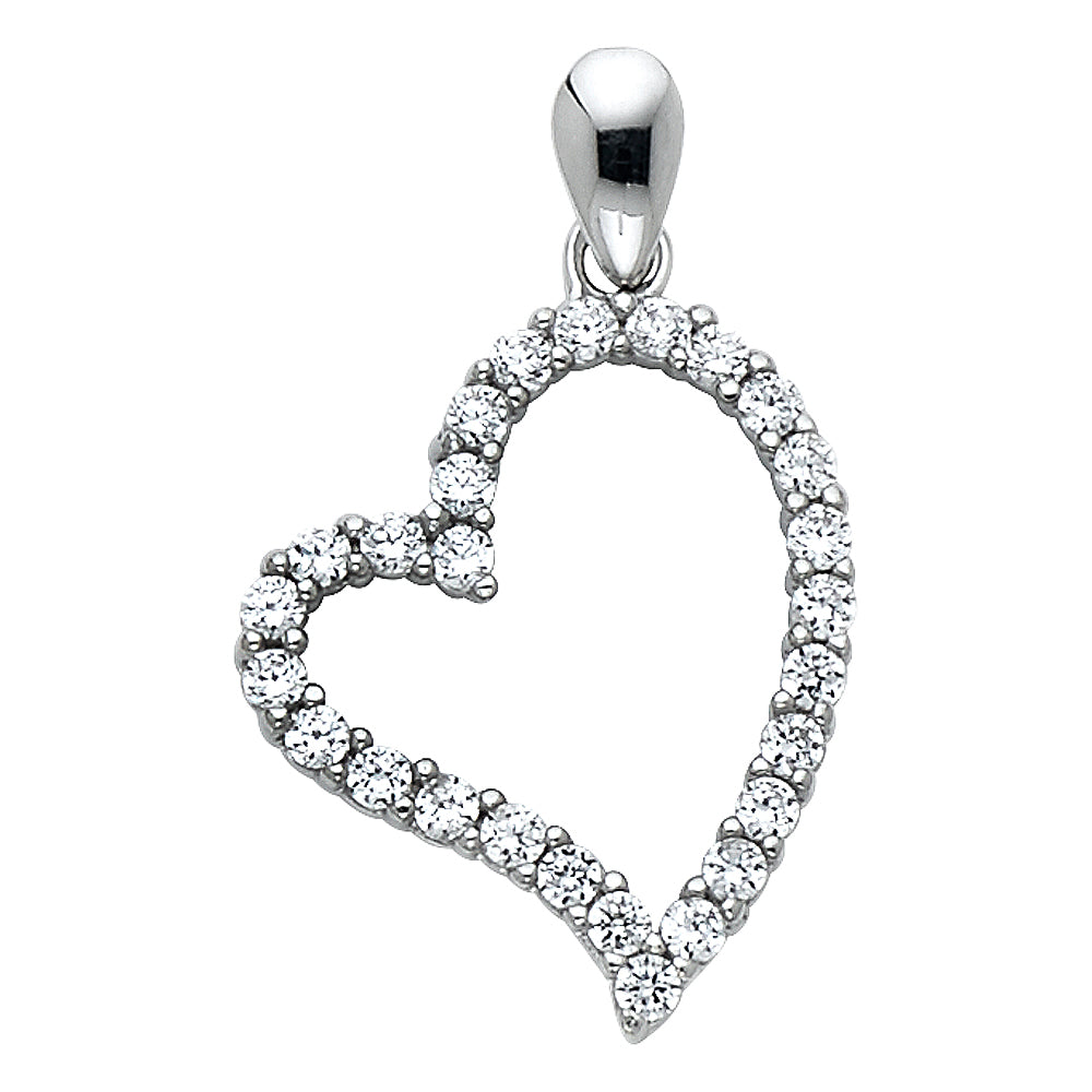 14k White Gold Stylish Open Design Floating Heart Pendant Clear CZ Love Charm