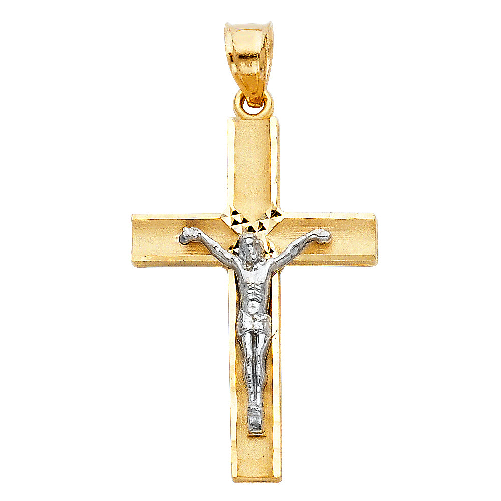 14k Yellow & White Gold Satin Finish Crucifix Pendant Cross Catholic Charm