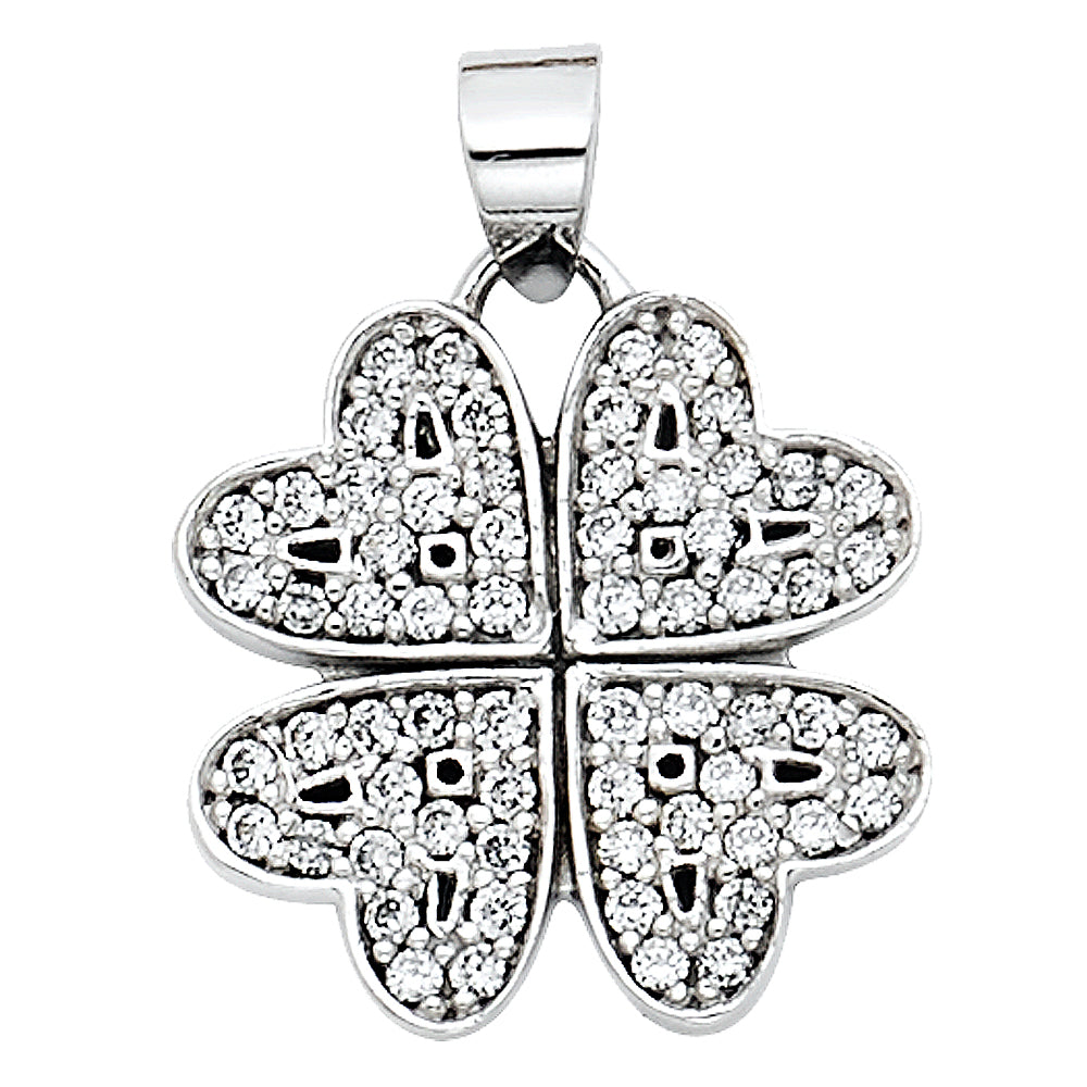 14k White Gold Unique Sparkling Charm Heart Shaped Four Leaf Clover Pendant