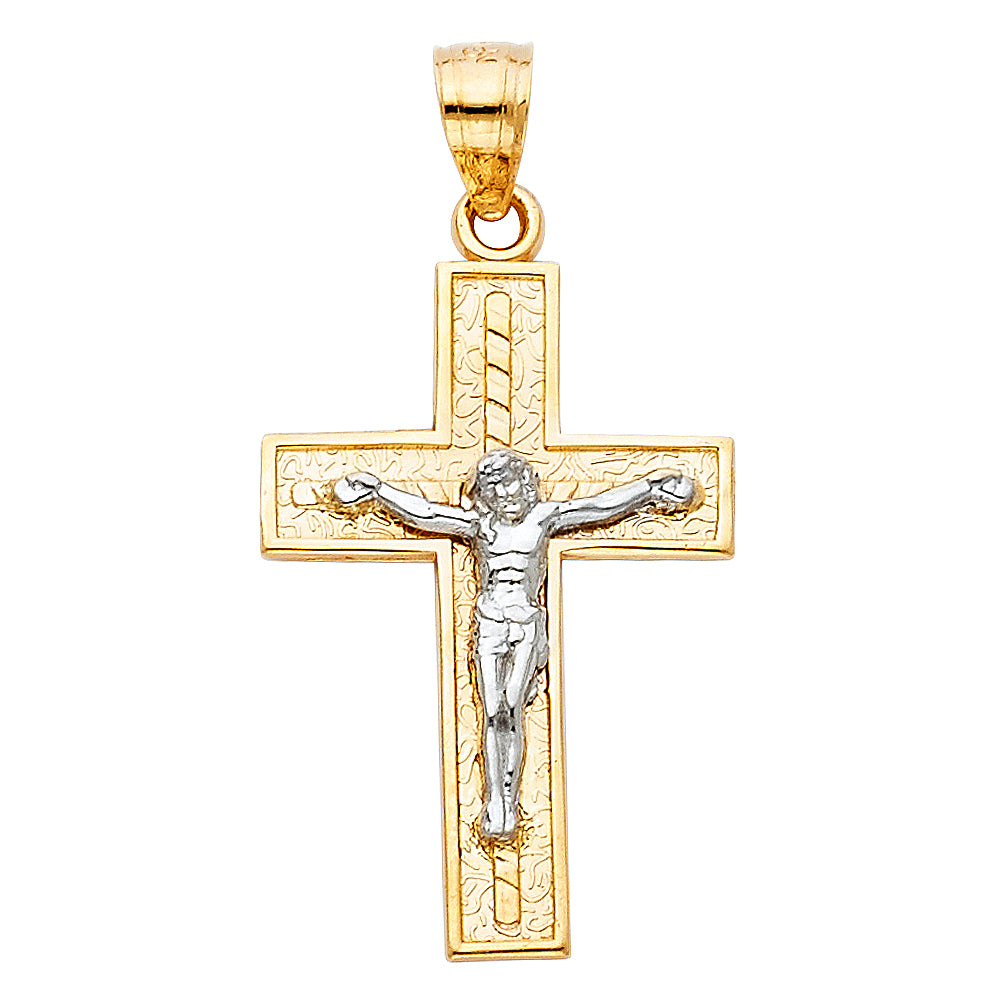 14k Yellow & White Gold Jesus Christ Pendant Cross Crucifix Love Catholic Charm