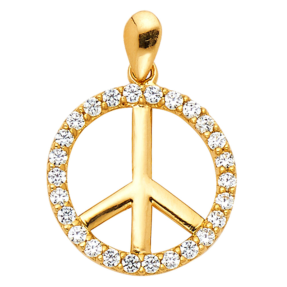 14k Yellow Gold Unity Circle Stylish Peace Sign Symbol Pendant Clear CZ Charm