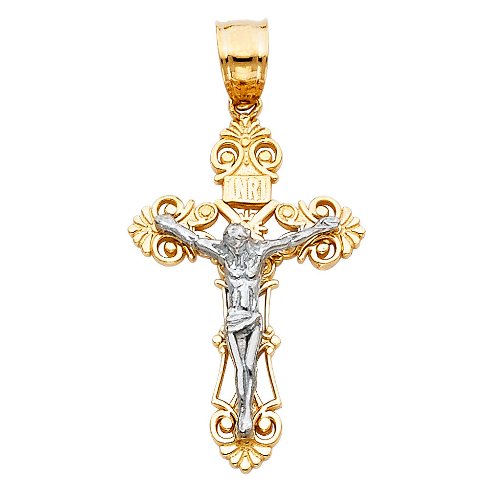 14k Yellow & White Gold Ornate INRI Cross Pendant Crucifix Filigree Swirl Charm