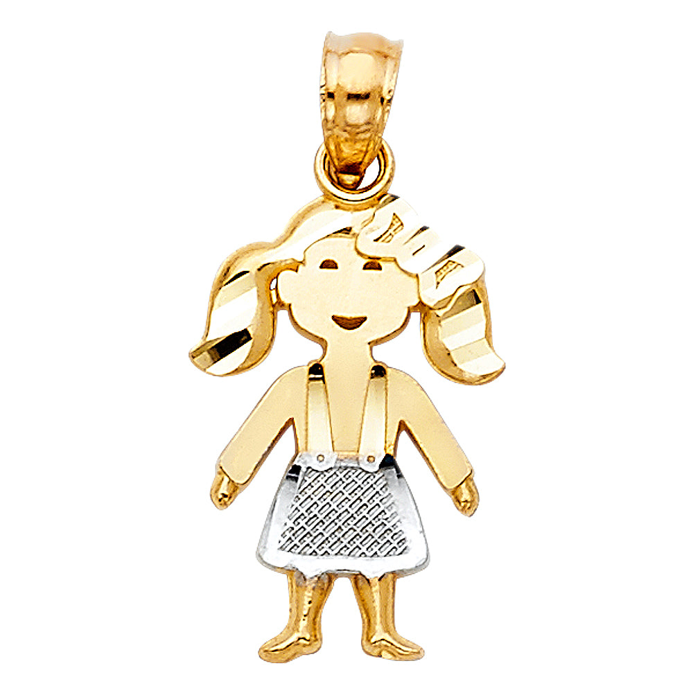 14k Two-Color Gold Girl Pendant Cowgirl Farmgirl Fashion Teacher Charm