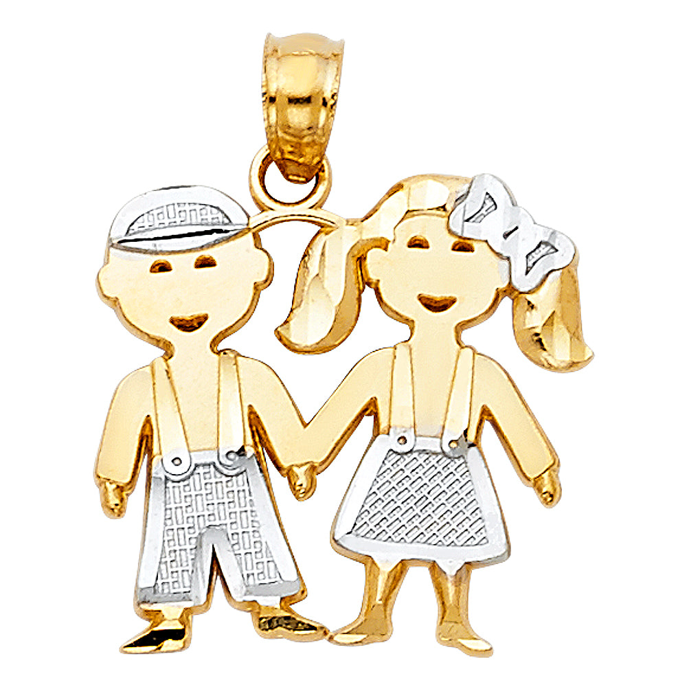 14k Two-Color Gold Twins Brother and Sister Pendant Family Diamond-Cut Charm