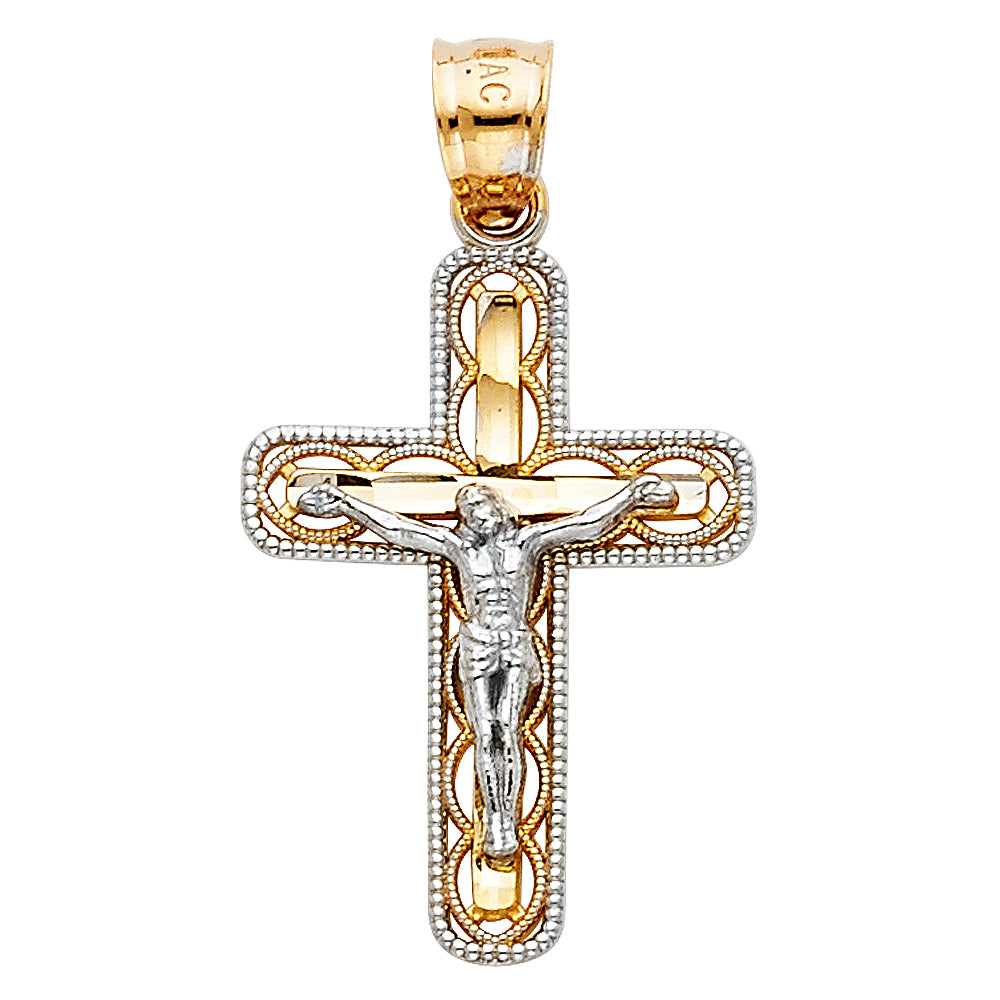 14k Yellow & White Gold Bold Cross Pendant Crucifix Faith Catholic Charm