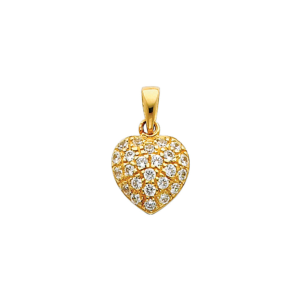 14k Yellow Gold Clear CZ Cute Sparkling Puffed Heart Pendant Lovers Charm