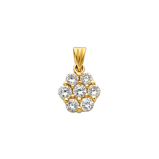 14k Yellow Gold Clear CZ Cluster Pendant High Polished Flower Charm