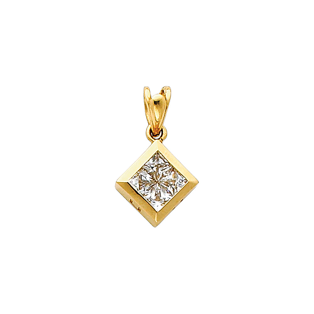 14k Yellow Gold Square Clear CZ Pendant Wholesale Chic Fashion Polished Charm