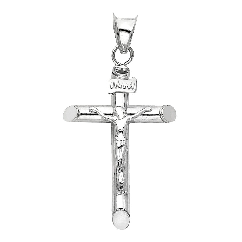 14k White Gold Bold Tube Cross Pendant High Polish Crucifix Jesus Christ Charm