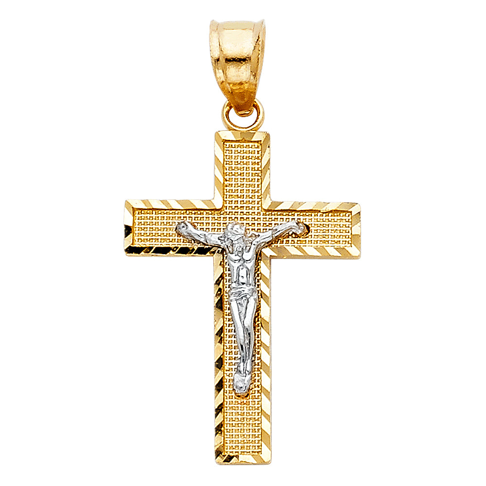 14k Yellow & White Gold Cross Pendant Diamond-Cut Crucifix Jesus Christ Charm