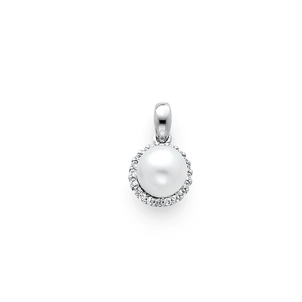 14k White Gold Sparkly Burst Circle Pendant Sphere Halo Simulated Pearl Charm