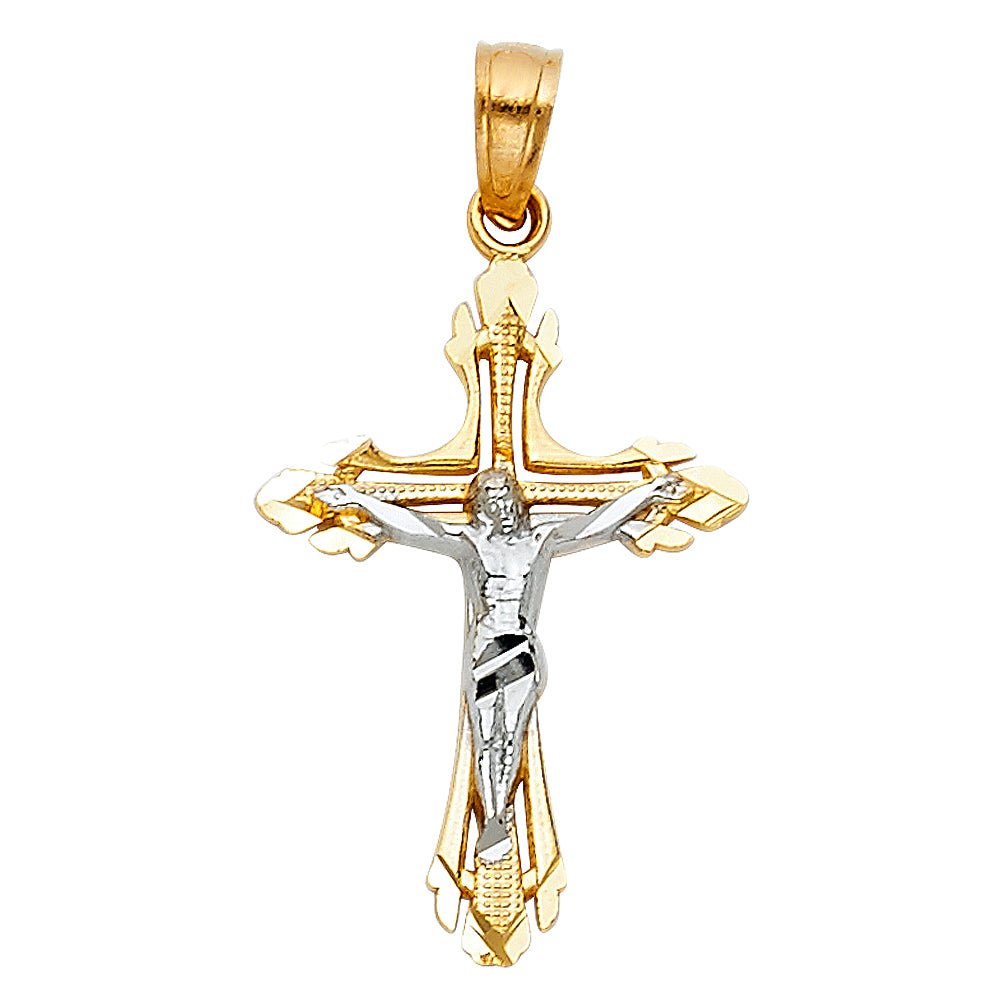 14k Yellow & White Gold Precision-Cut Crucifix Pendant Christian Catholic Charm